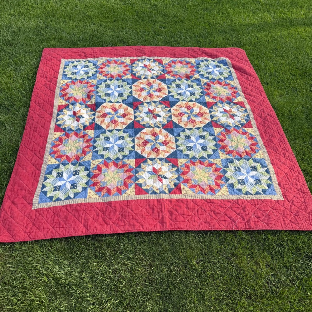 Handmade Patchwork Star Quilt Red Blue Yellow Floral Geometric 84x84 Americana